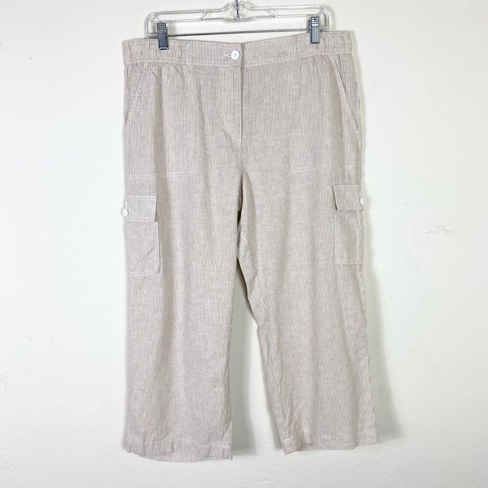 Talbots Tan & White Striped Linen Blend Cropped Ankle Cargo Pants Size 12